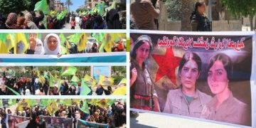 Di pêşengtiya Yekîtiya Jinên Ciwan de li Reqayê li dijî dagirkeriyê meşeke hate li darxistin