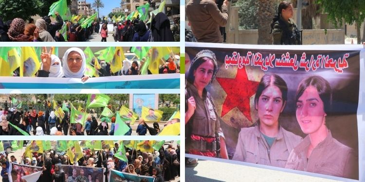 Di pêşengtiya Yekîtiya Jinên Ciwan de li Reqayê li dijî dagirkeriyê meşeke hate li darxistin