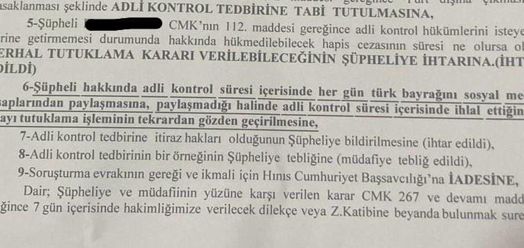 Tedbîra kontrola edlî: Ger her roj ala Tirkî parve neke dê bê girtin