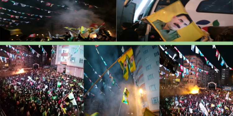 Amed’te yurttaşlar Halklar Önderi Öcalan’ın posterleriyle alanlarda